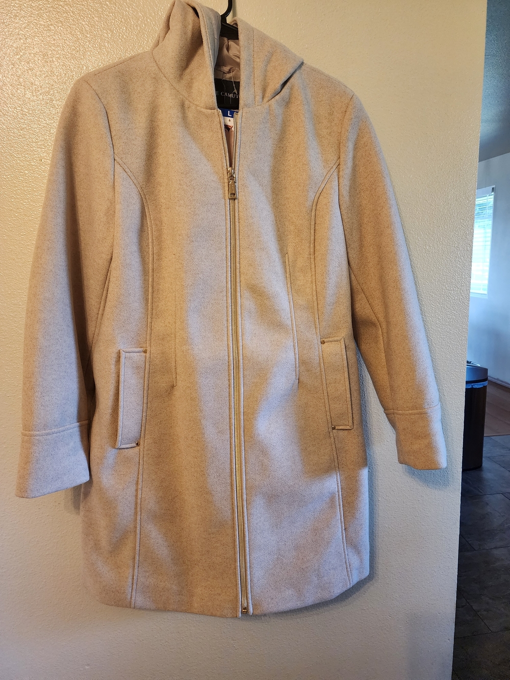 Vince Camuto Beige Hooded Wool-Blend Trench Coat